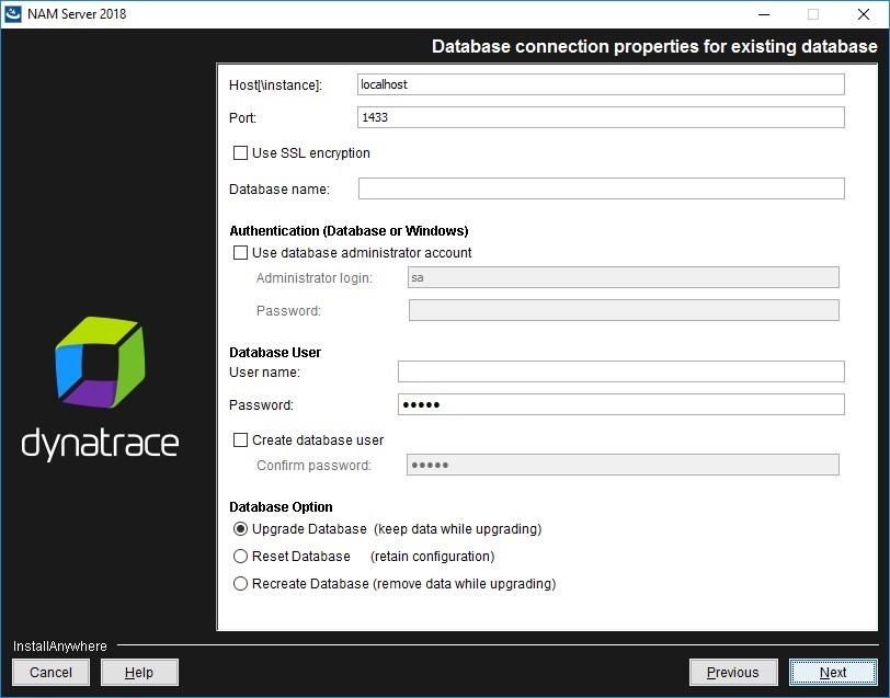 NAM Server installation - Database connection properties for existing database