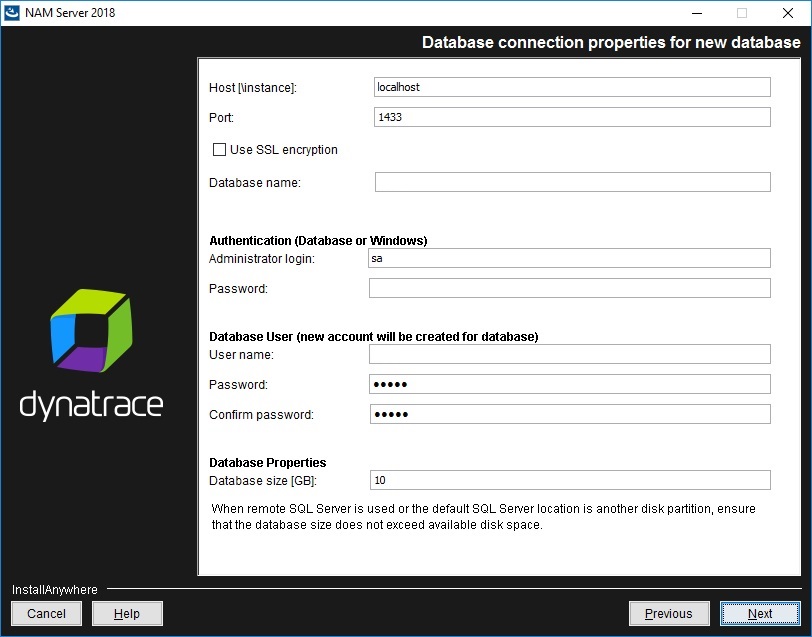 NAM Server installation - Database connection properties for new database