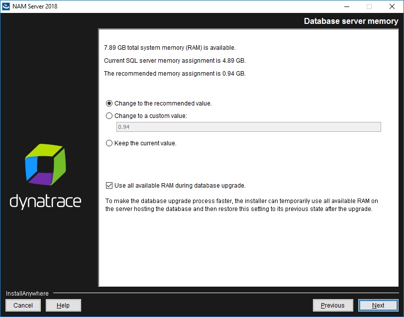 NAM Server installation - Database server memory