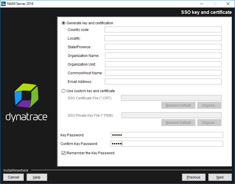 NAM Server installation - SSO key and certificate