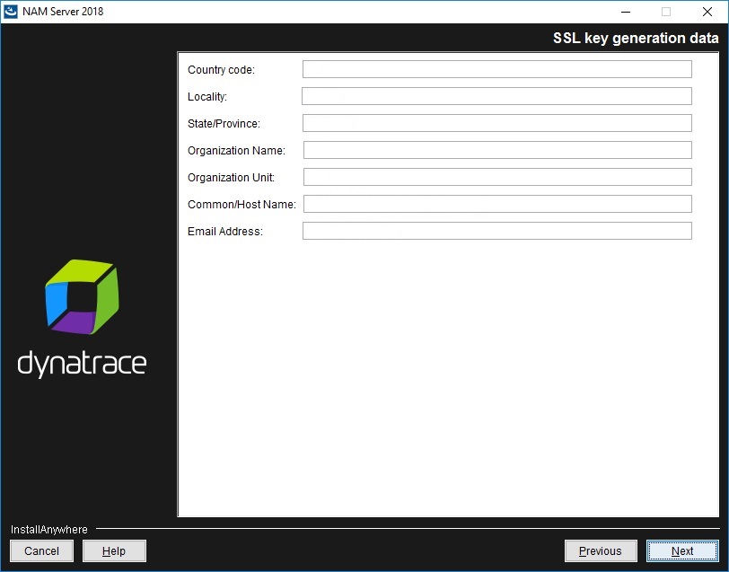 NAM Server installation - SSL key generation data
