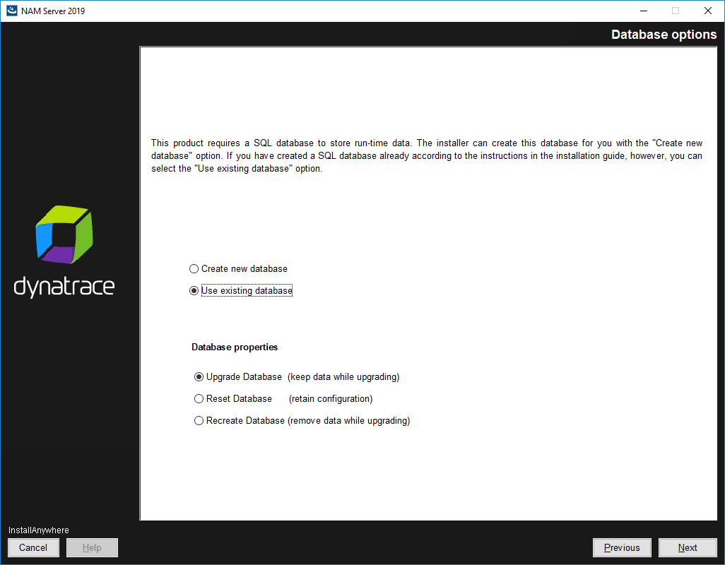 NAM Server: Installation: Database options: use existing