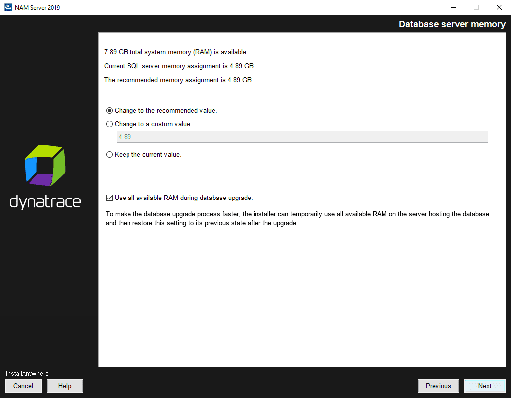 NAM Server: Installation: Database server memory
