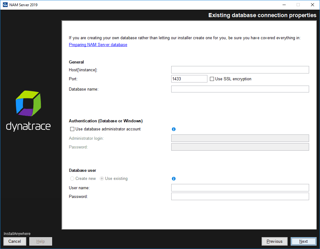 NAM Server: Installation: Existing database connection properties