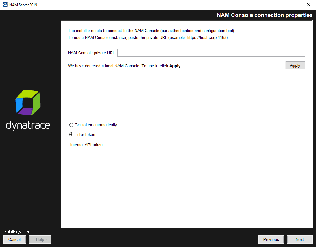NAM Server: Installation: NAM Console connection properties: Enter token