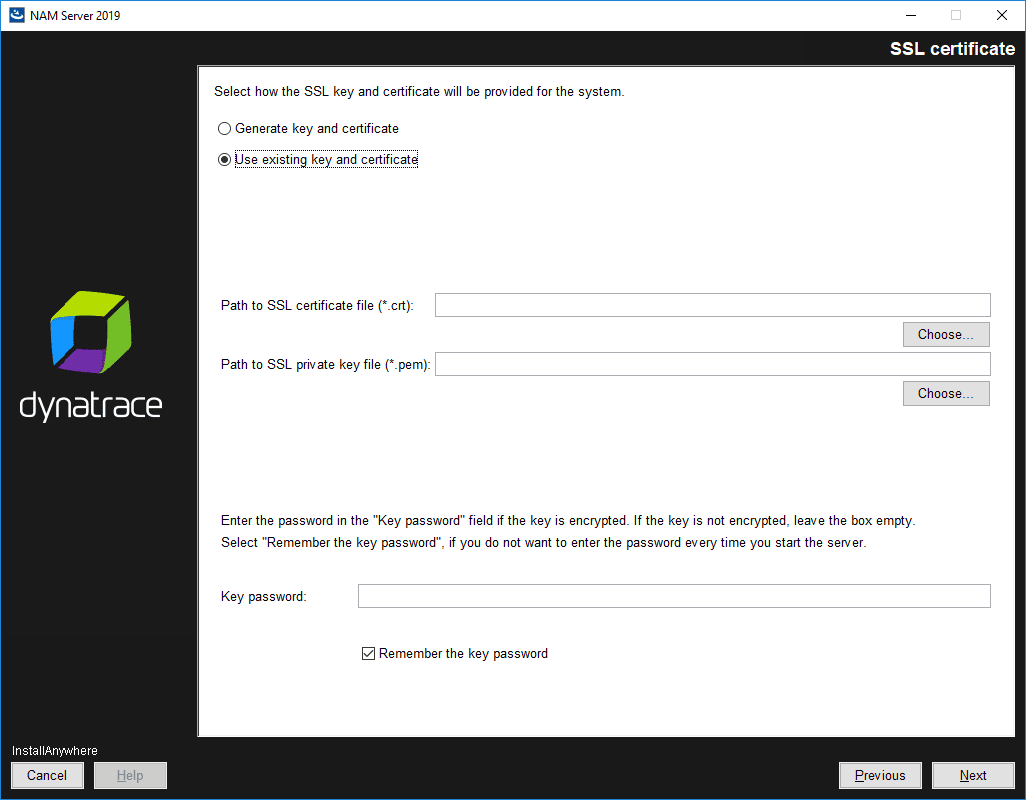 NAM Server: Installation: SSL certificate: use existing key and certificate