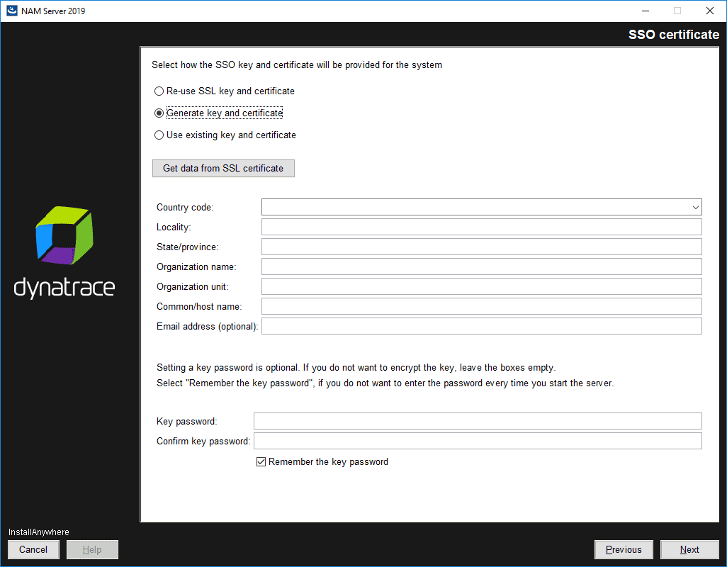 NAM Server: Installation: SSO certificate: generate key and certificate