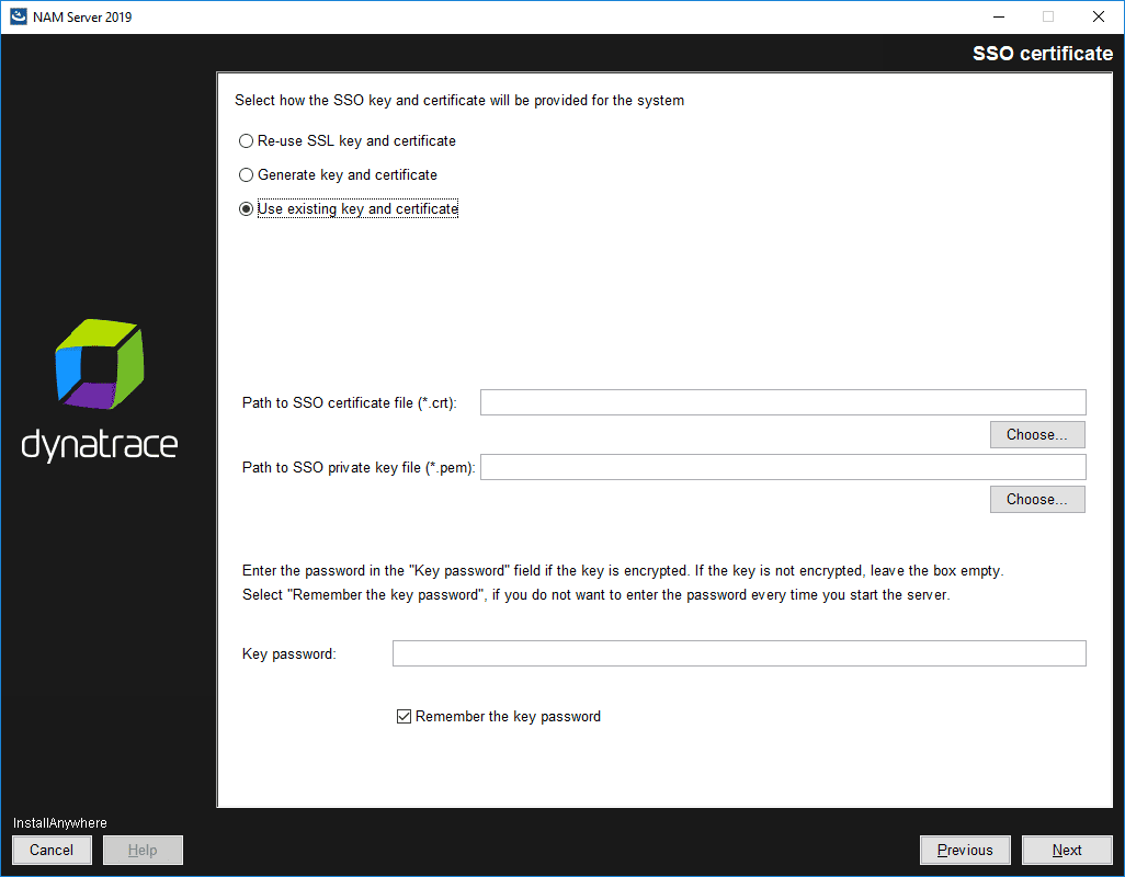 NAM Server: Installation: SSO certificate: use existing key and certificate
