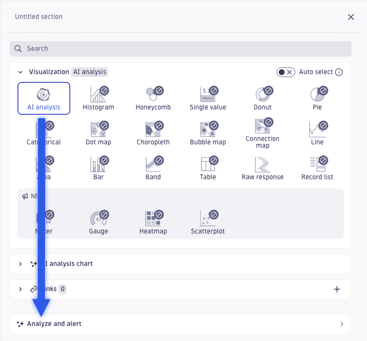 Example of selecting "AI analysis" visualization and displaying visualization-specific settings in the Notebooks app.