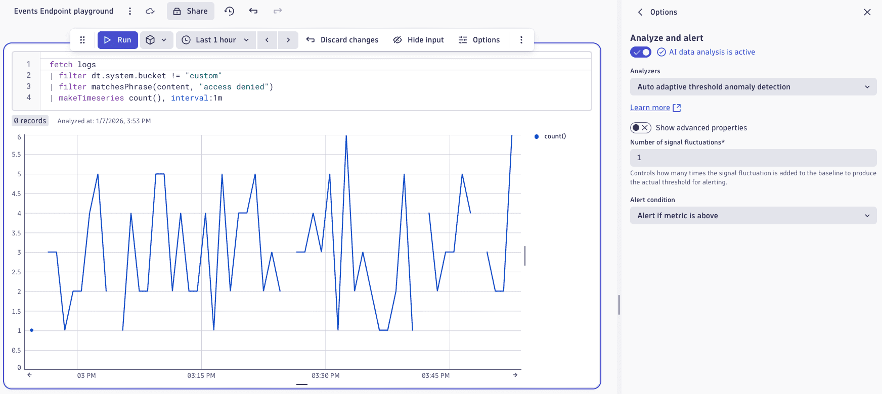 An example of the Analyze and alert settings for a bucket log metric graph, with anomaly detection selected, in the Notebooks app.