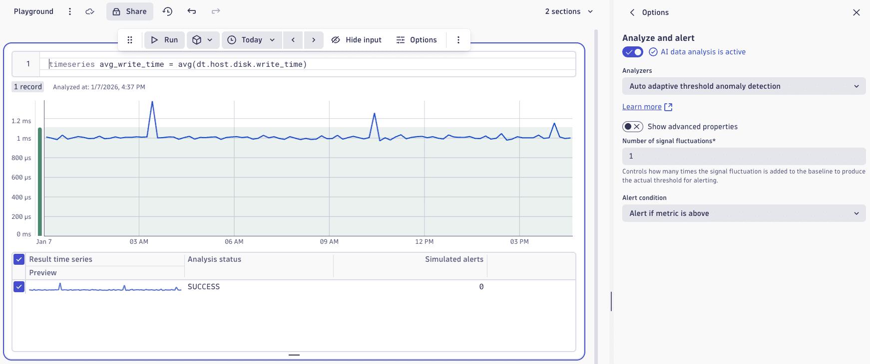 An example of auto adaptive threshold anomaly detection of disk write time in the Notebooks app.