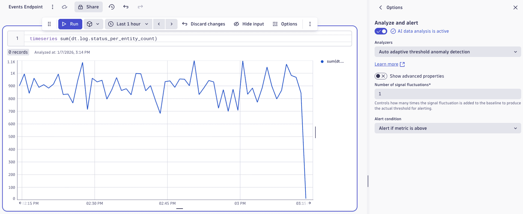 An example of the Analyze and alert settings for a log metric graph, with anomaly detection selected, in the Notebooks app.
