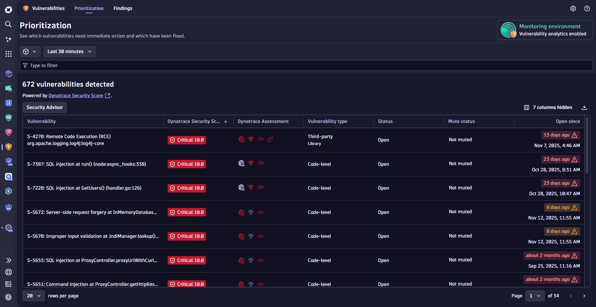 Vulnerability results table on the Prioritization page