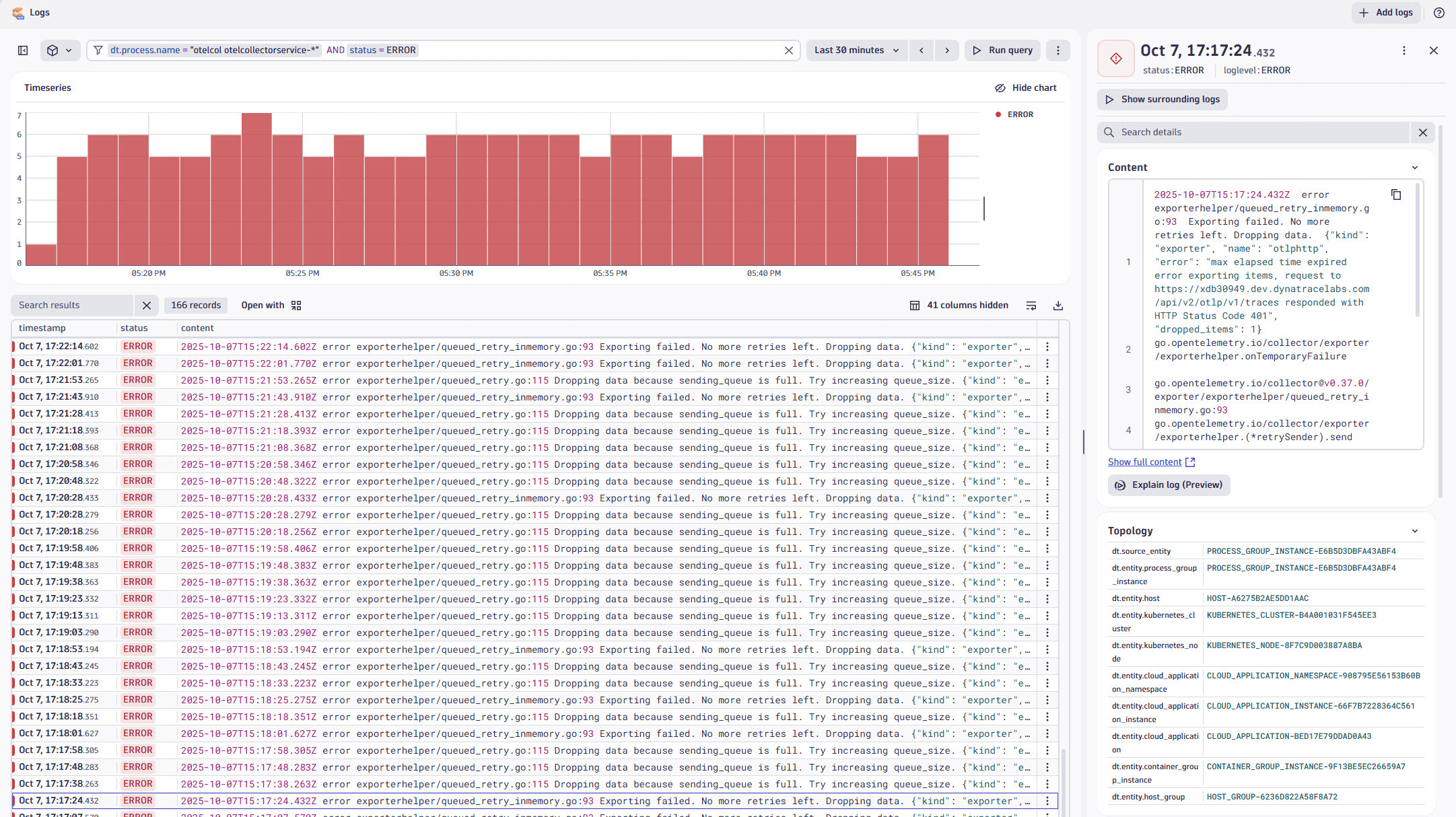 OpenTelemetry errors displayed in the Logs app