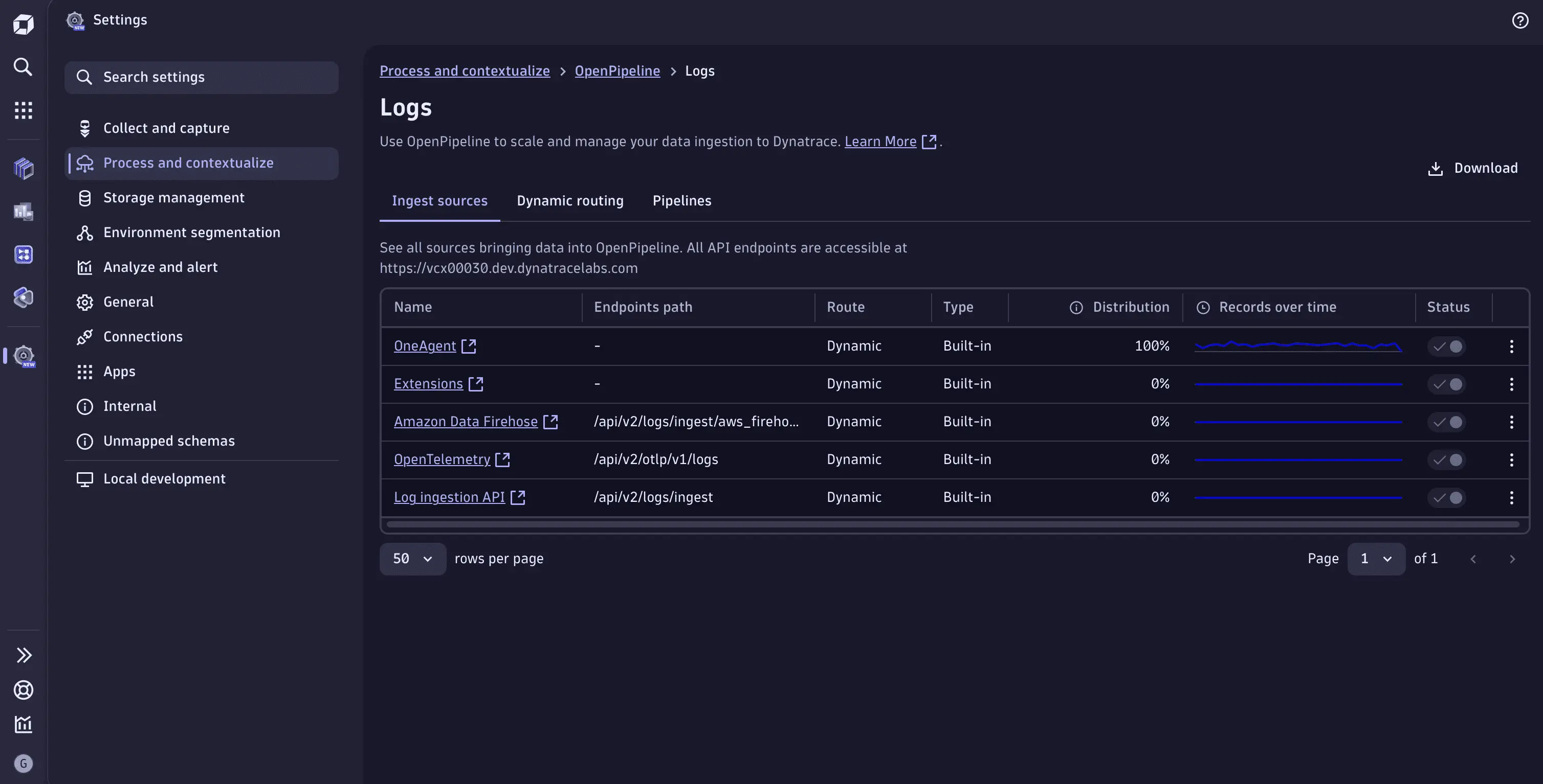 OpenPipeline via Settings