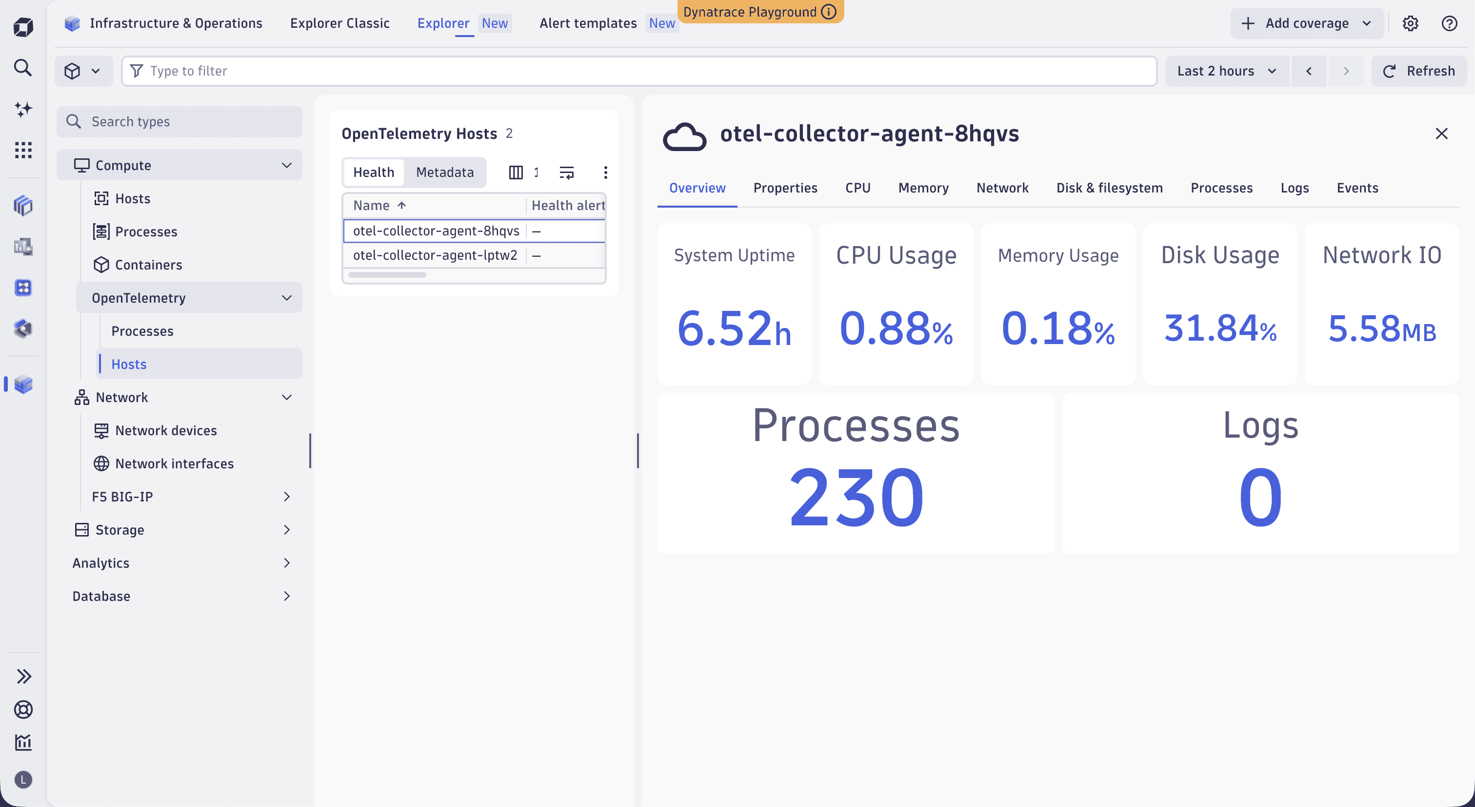 OpenTelemetry host monitoring displayed in Infrastructure & Operations Compute menu