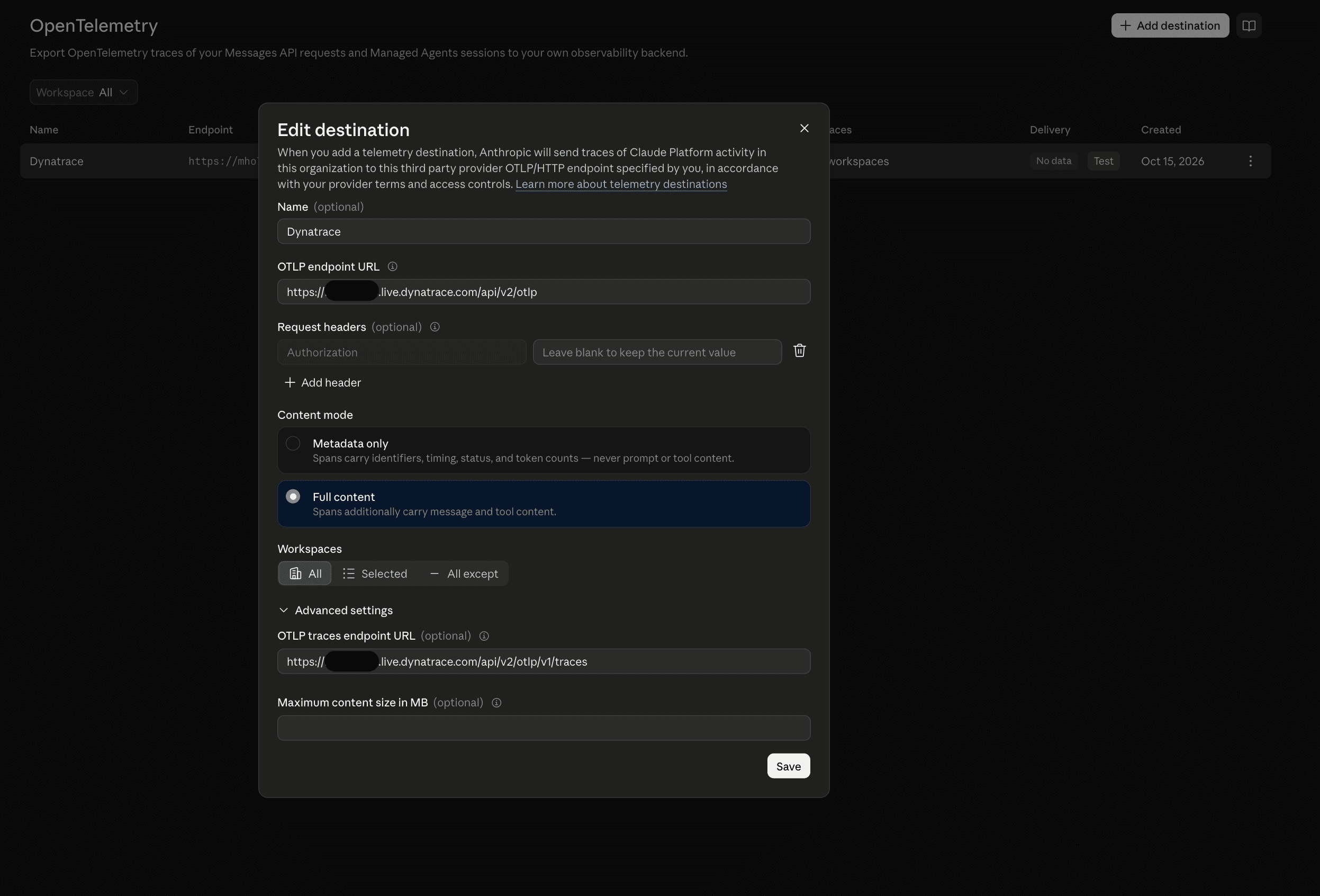 The Claude Console Edit destination dialog with the Dynatrace OTLP endpoint URL, an Authorization request header, and Full content mode selected