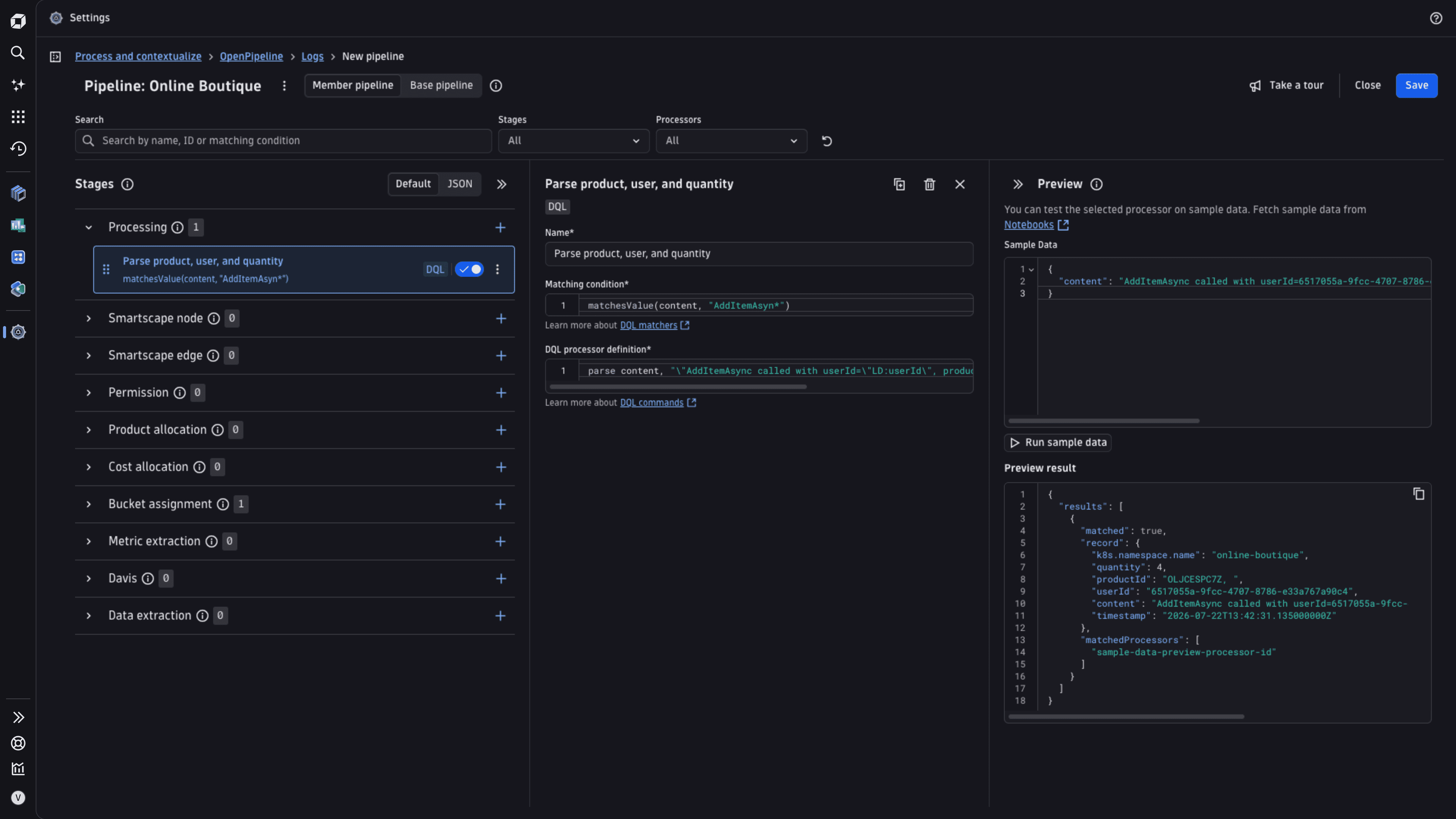 Parse log data into a structured format via OpenPipeline