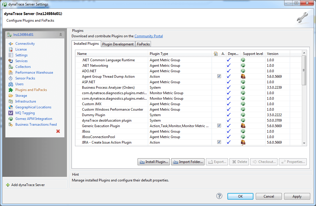 Plugins pane of the Server Settings dialog box