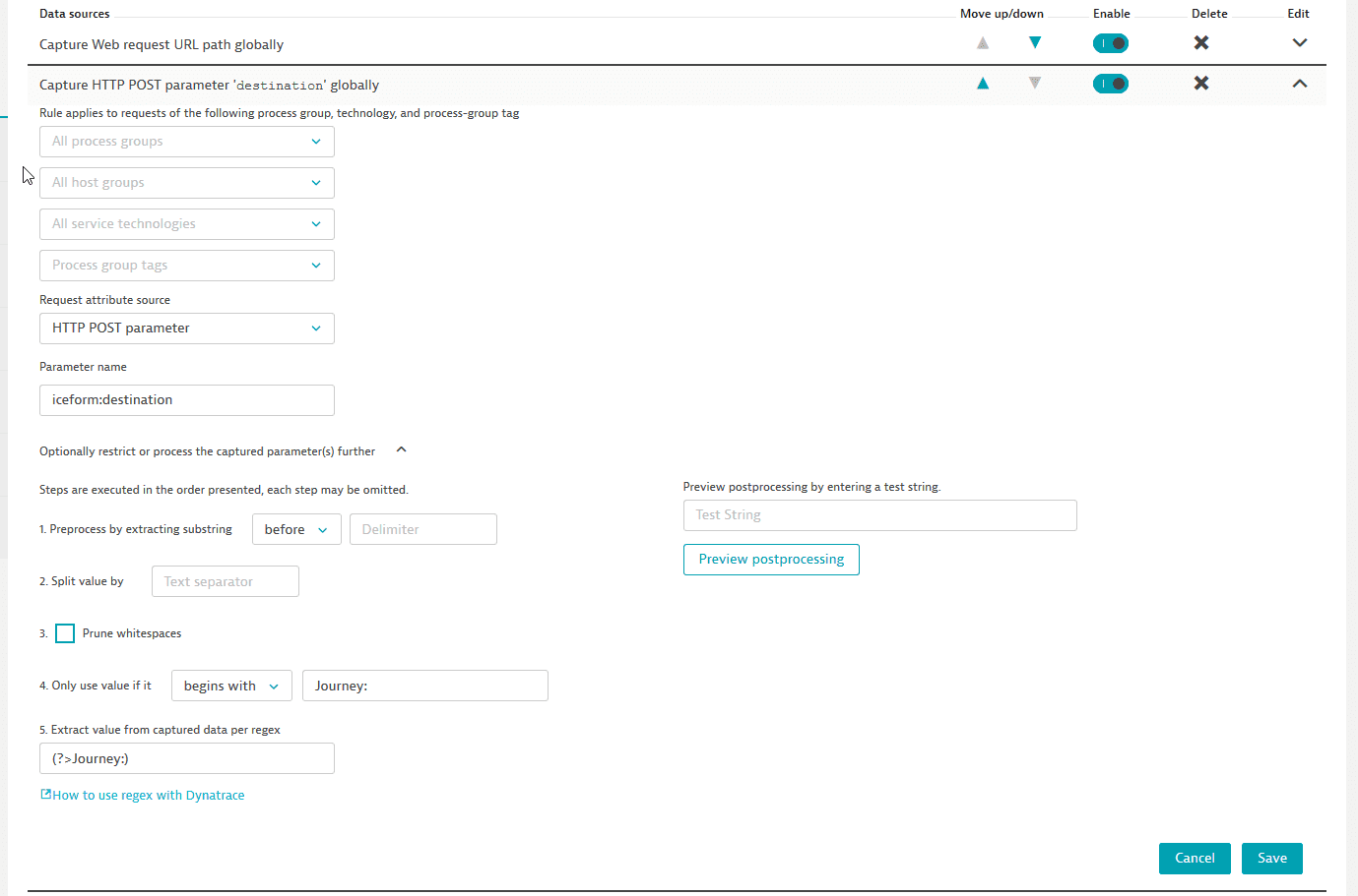 Example of request attributes POST rule definition