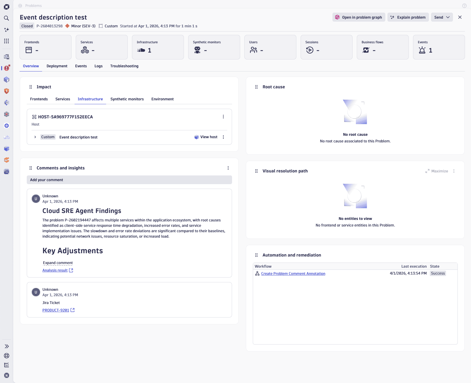 An example of problems detail page with annotations and Jira ticket links