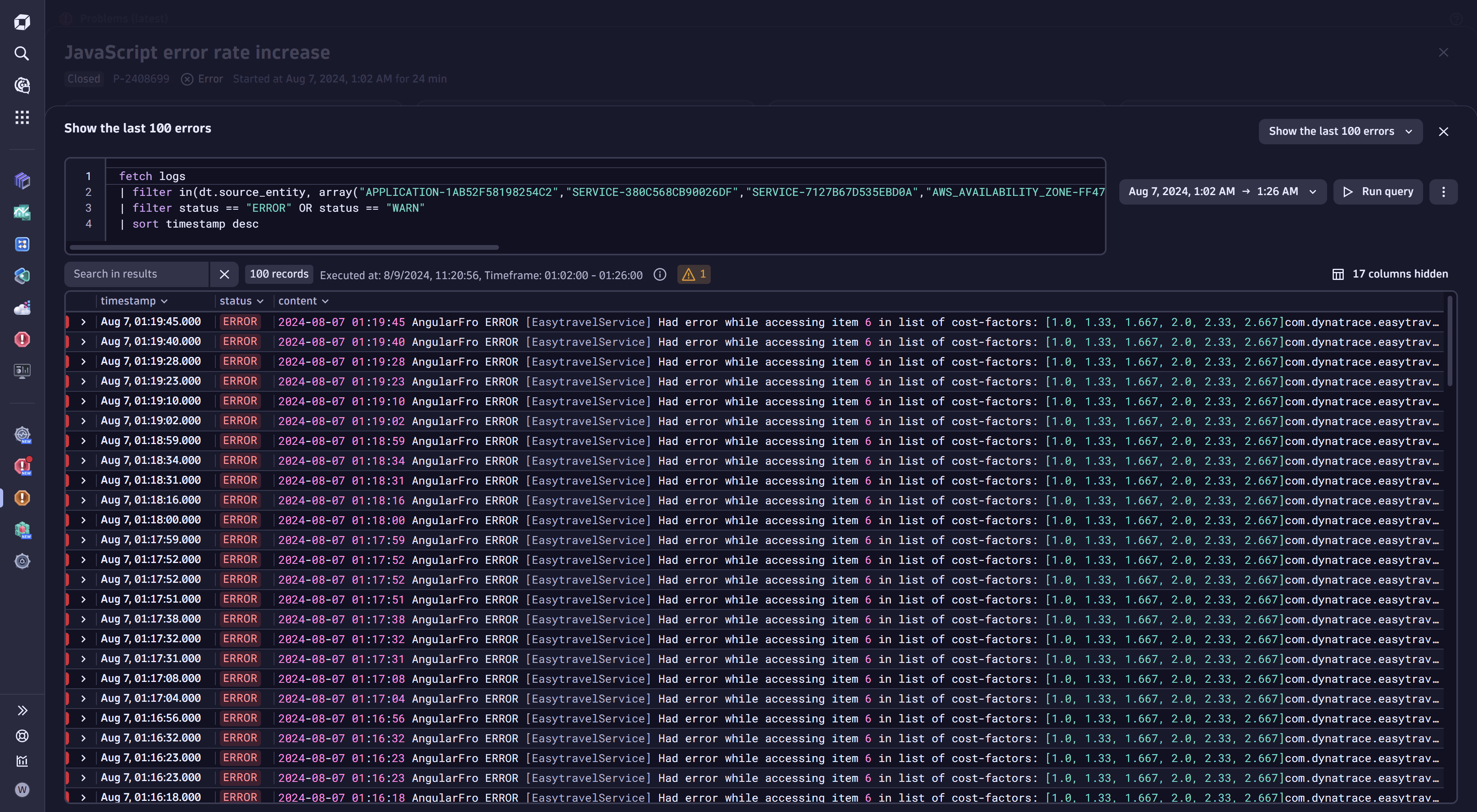 Davis problems app log lines