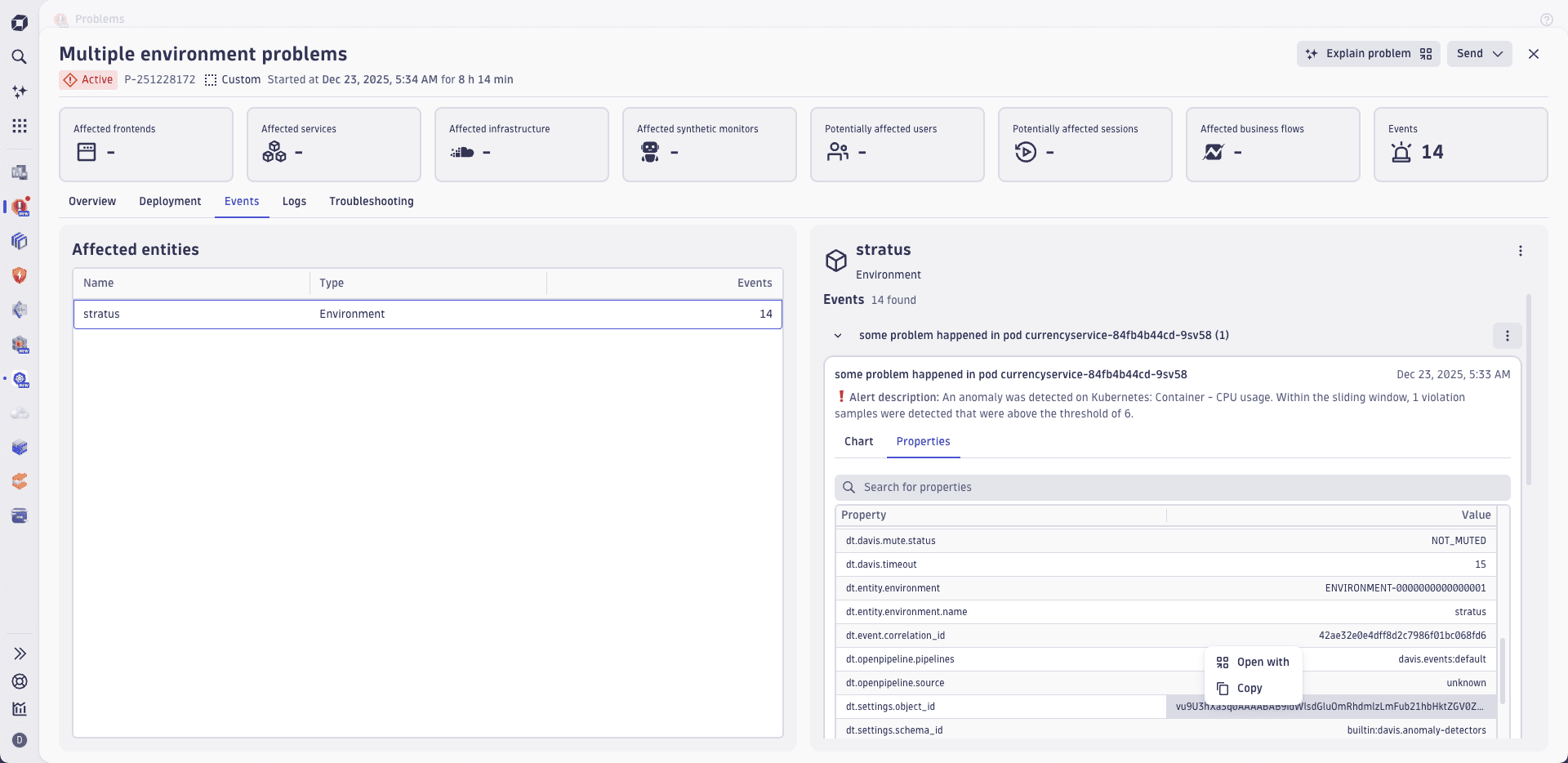 Problems app offering a direct link to settings object.