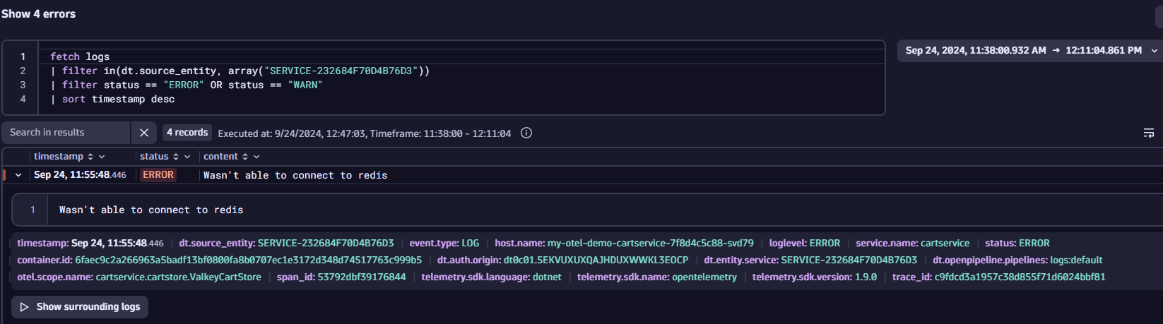 Expanded log entry containing metadata information