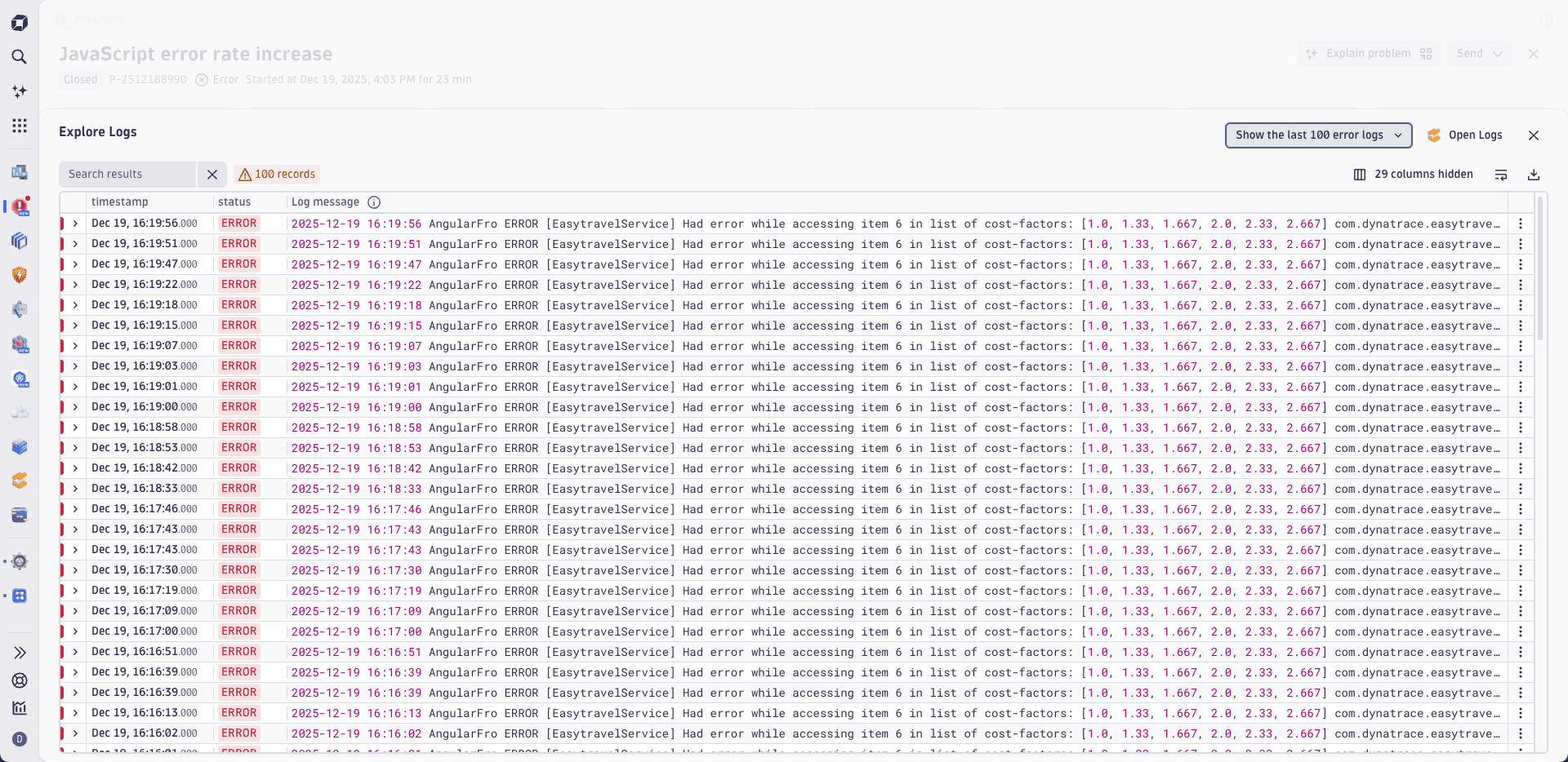 Dynatrace Intelligence Problems app error log lines.