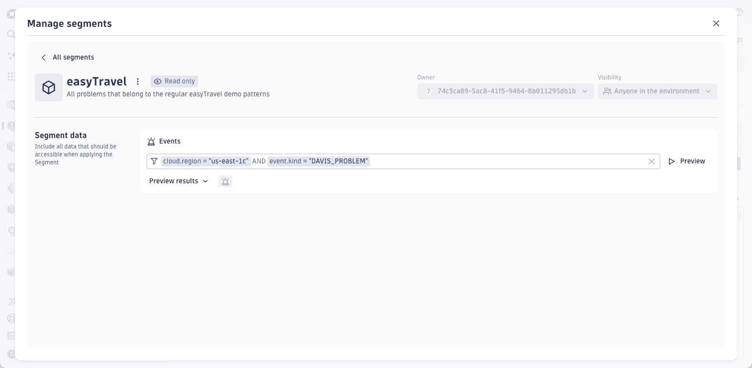 An example of defining a segment for filtering problems in the Problems app.