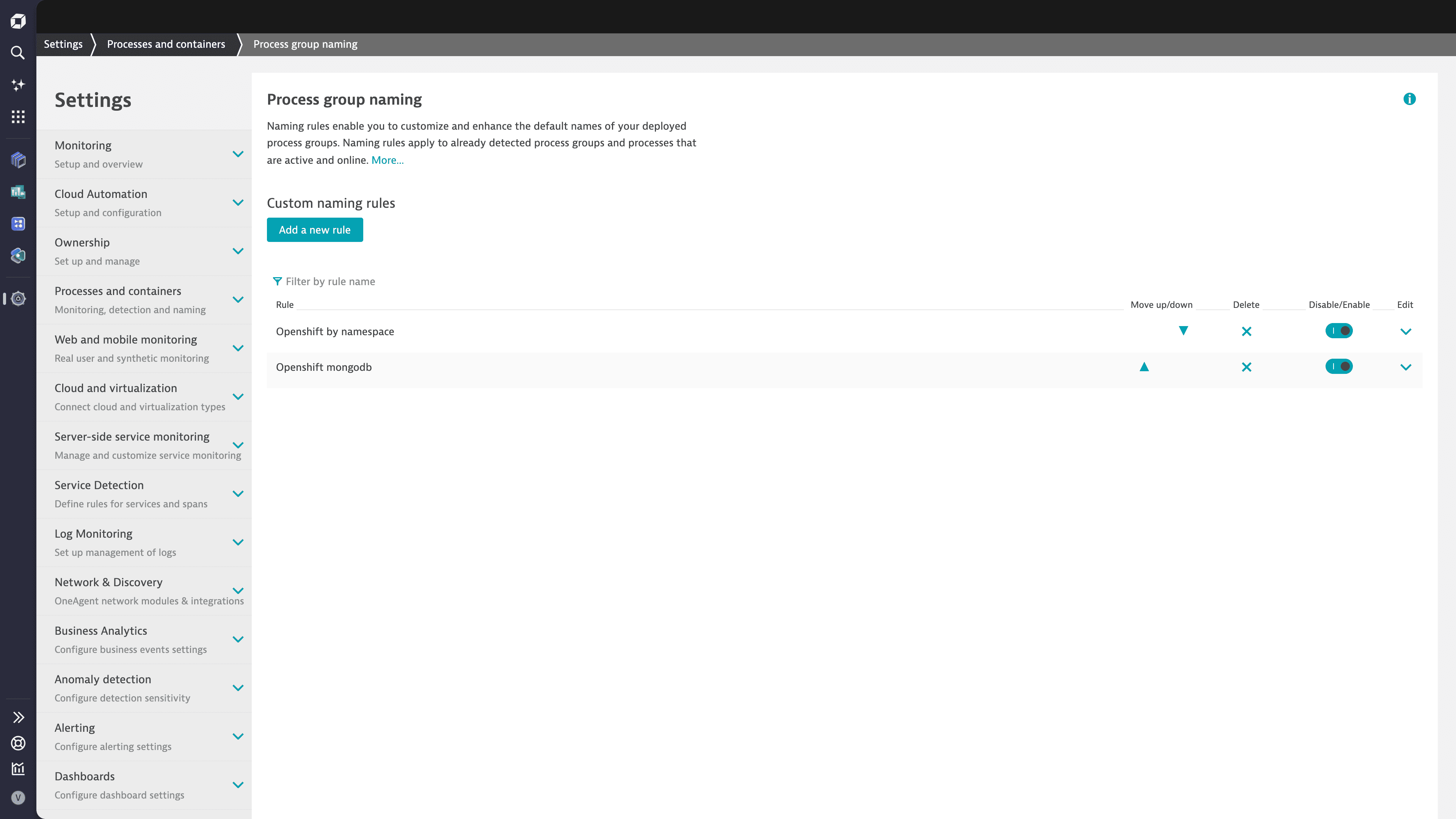 Process group naming in Settings