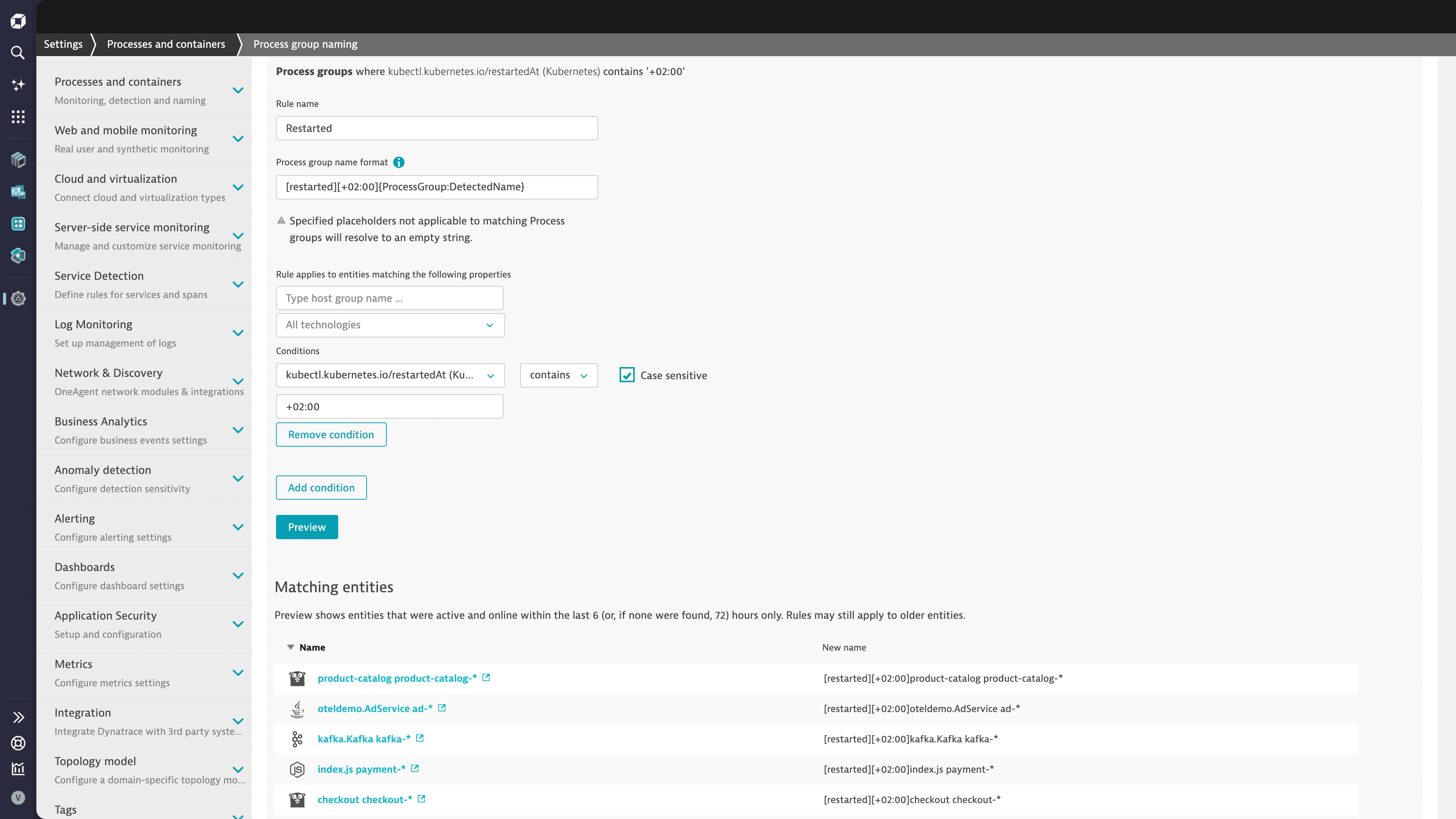 Process group rule based on metadata