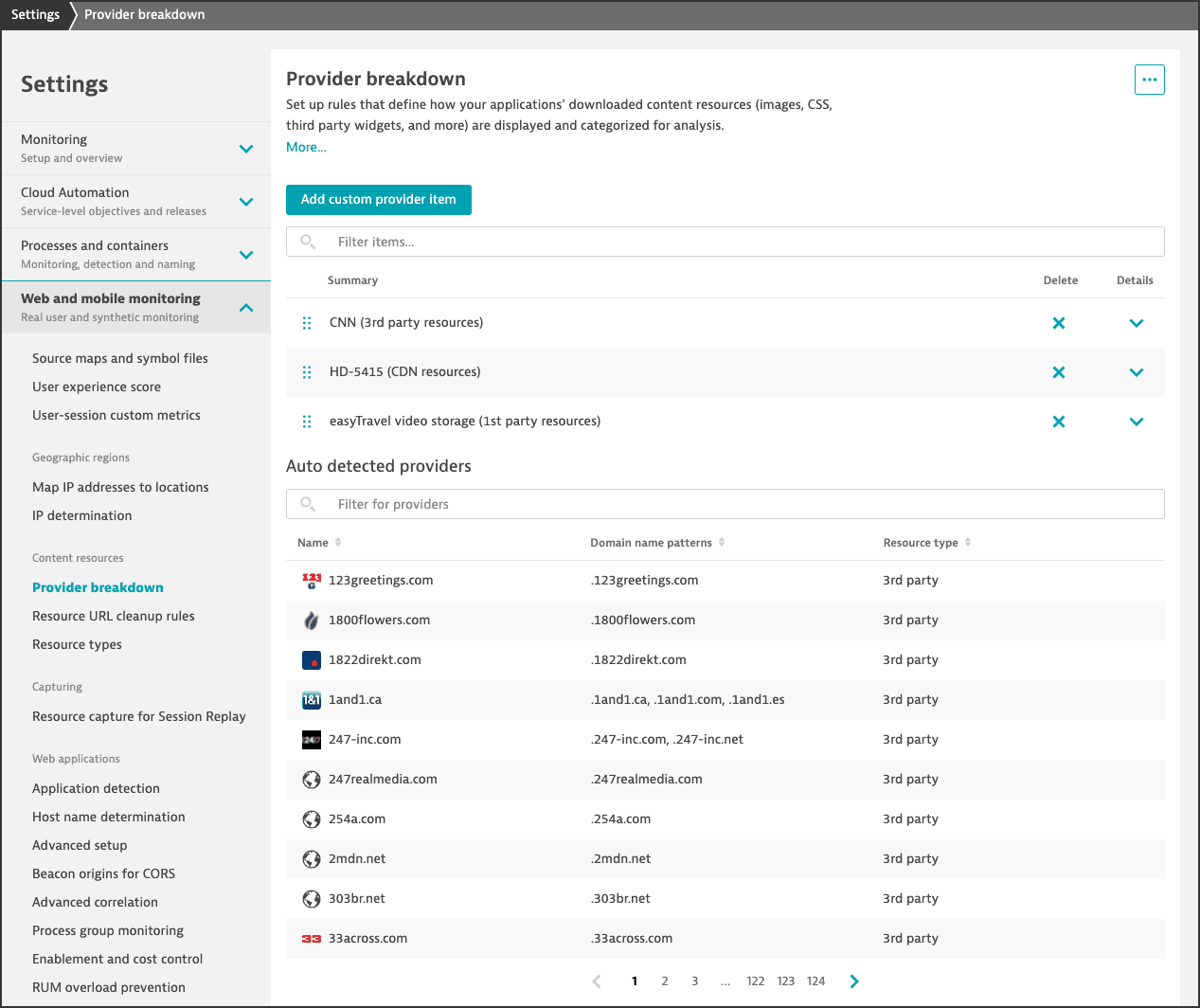 Provider breakdown settings