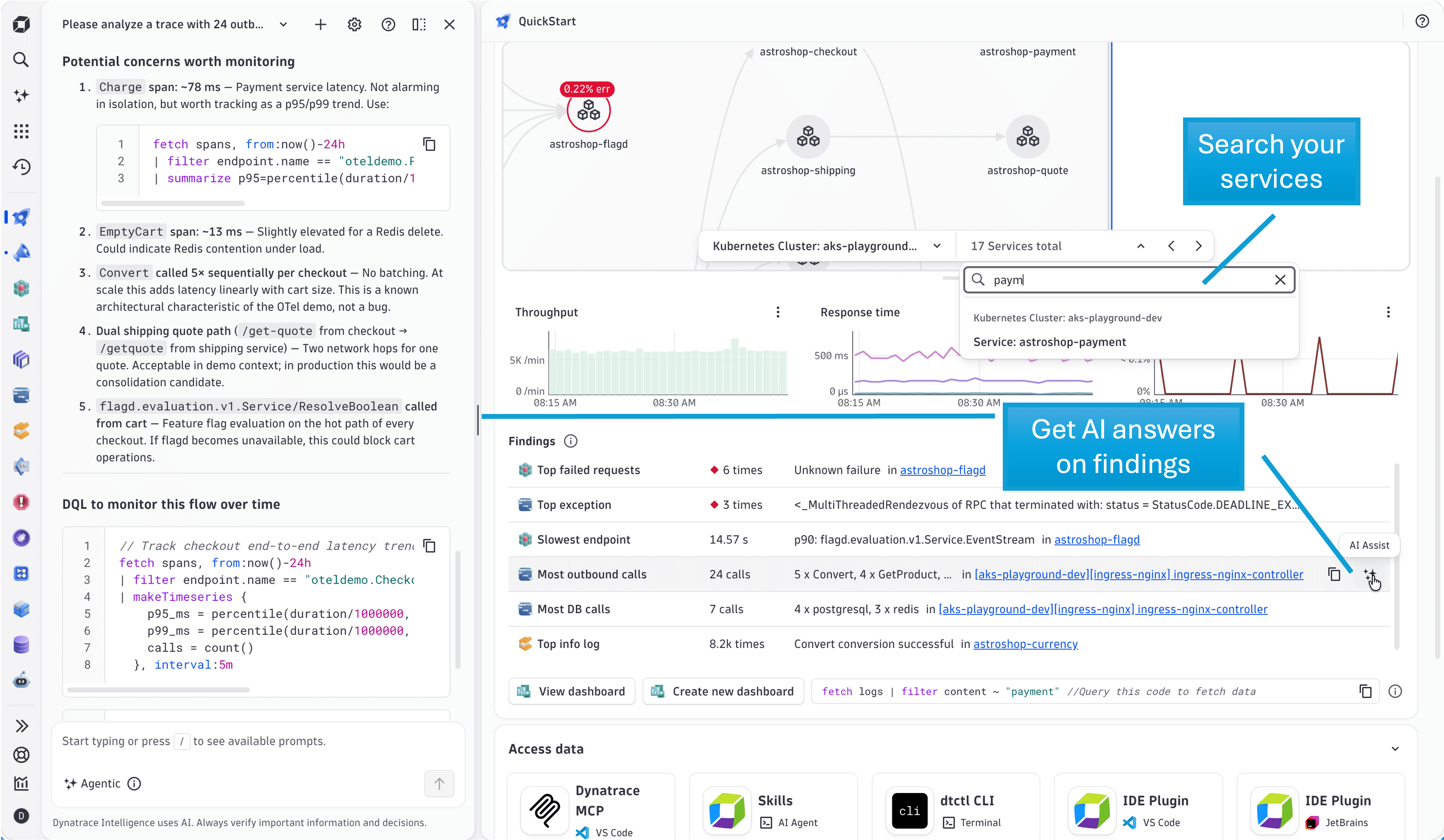 Search your Services in QuickStart and get answers to findings with AI Assist.