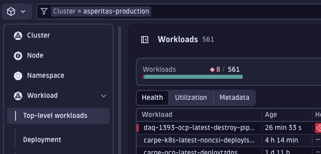 Filter by cluster in Kubernetes app
