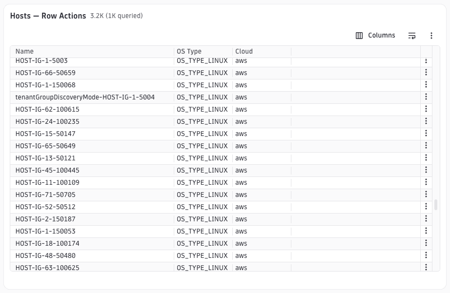 DQL table with an Open details action button rendered at the end of each row