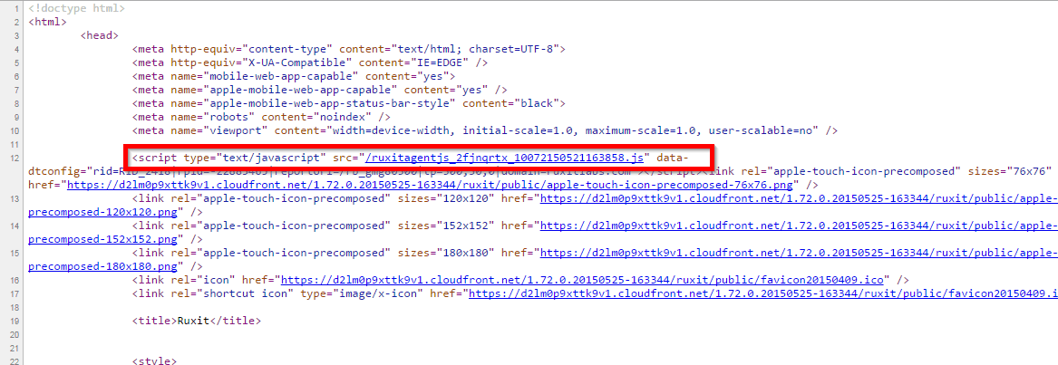 RUM troubleshooting - example of the injected RUM JavaScript