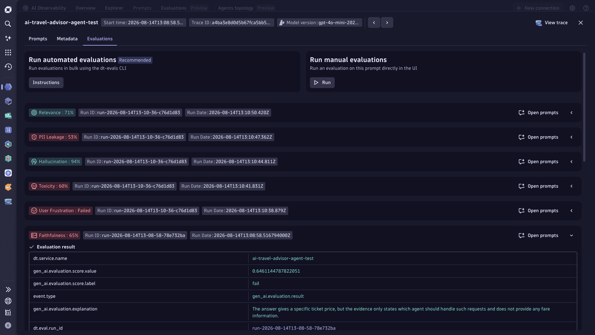 Prompt trace with evaluation results