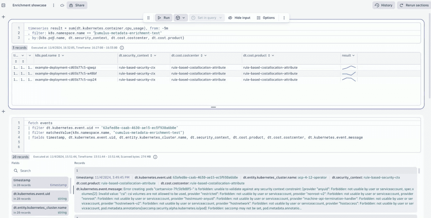 Apply context for charge-back and record-level permissions with Kubernetes telemetry enrichment