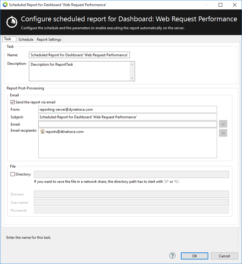 Scheduled Report Dialog Box - Task Tab