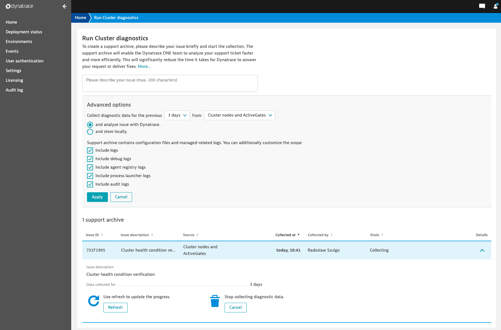 Run Cluster diagnostics screenshot