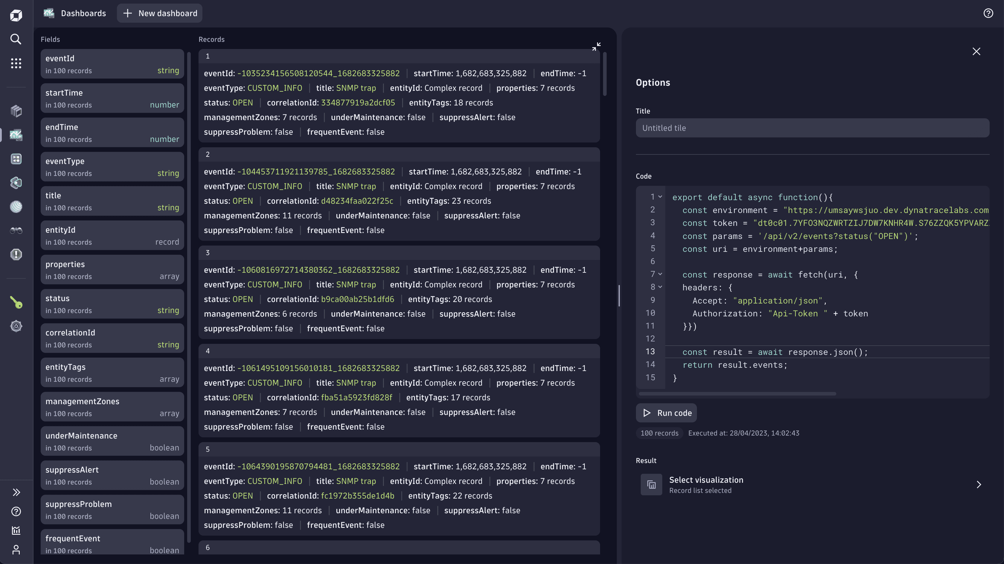 Add code to a dashboard — Dynatrace Docs