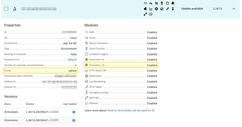 ActiveGate has the Extensions 2.0 module active and running