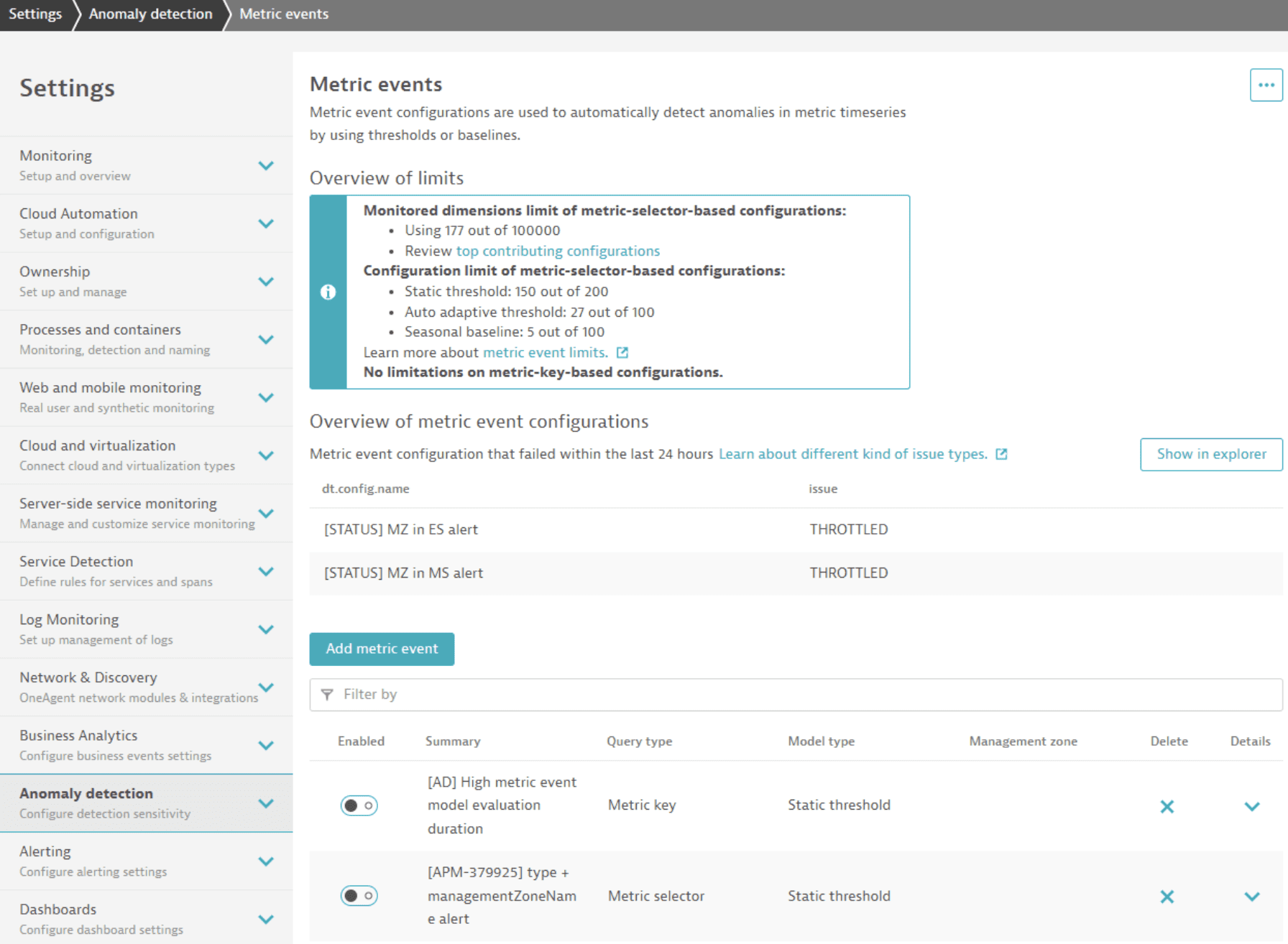 Metric events in Settings Classic