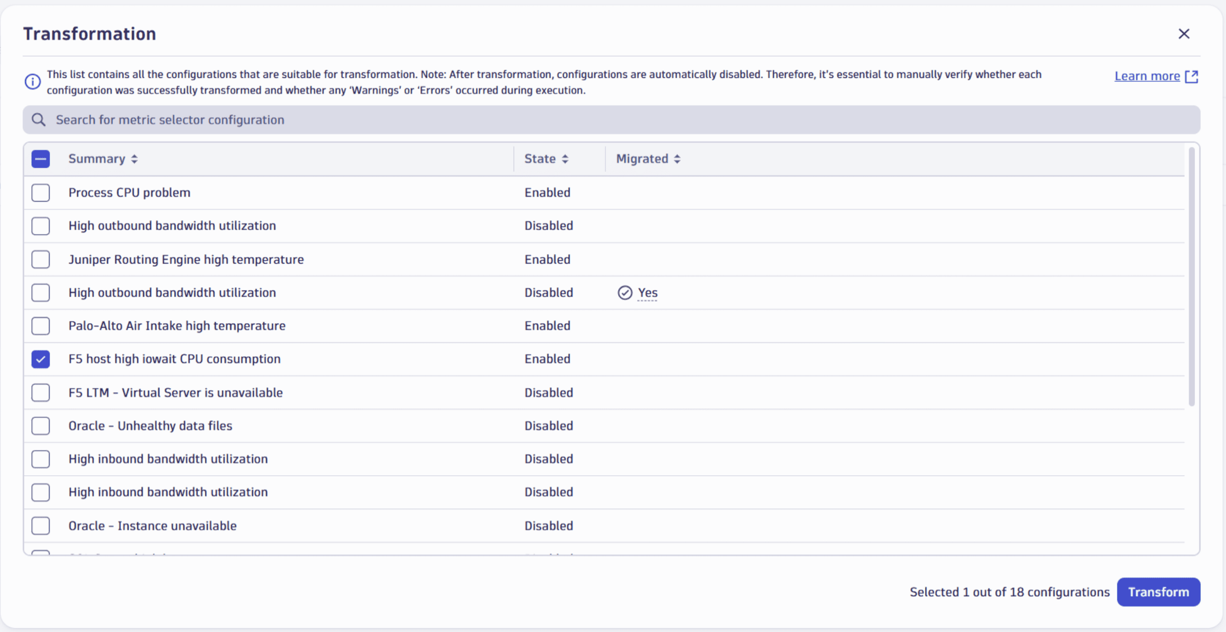Select metrics to transform in Davis anomaly detection