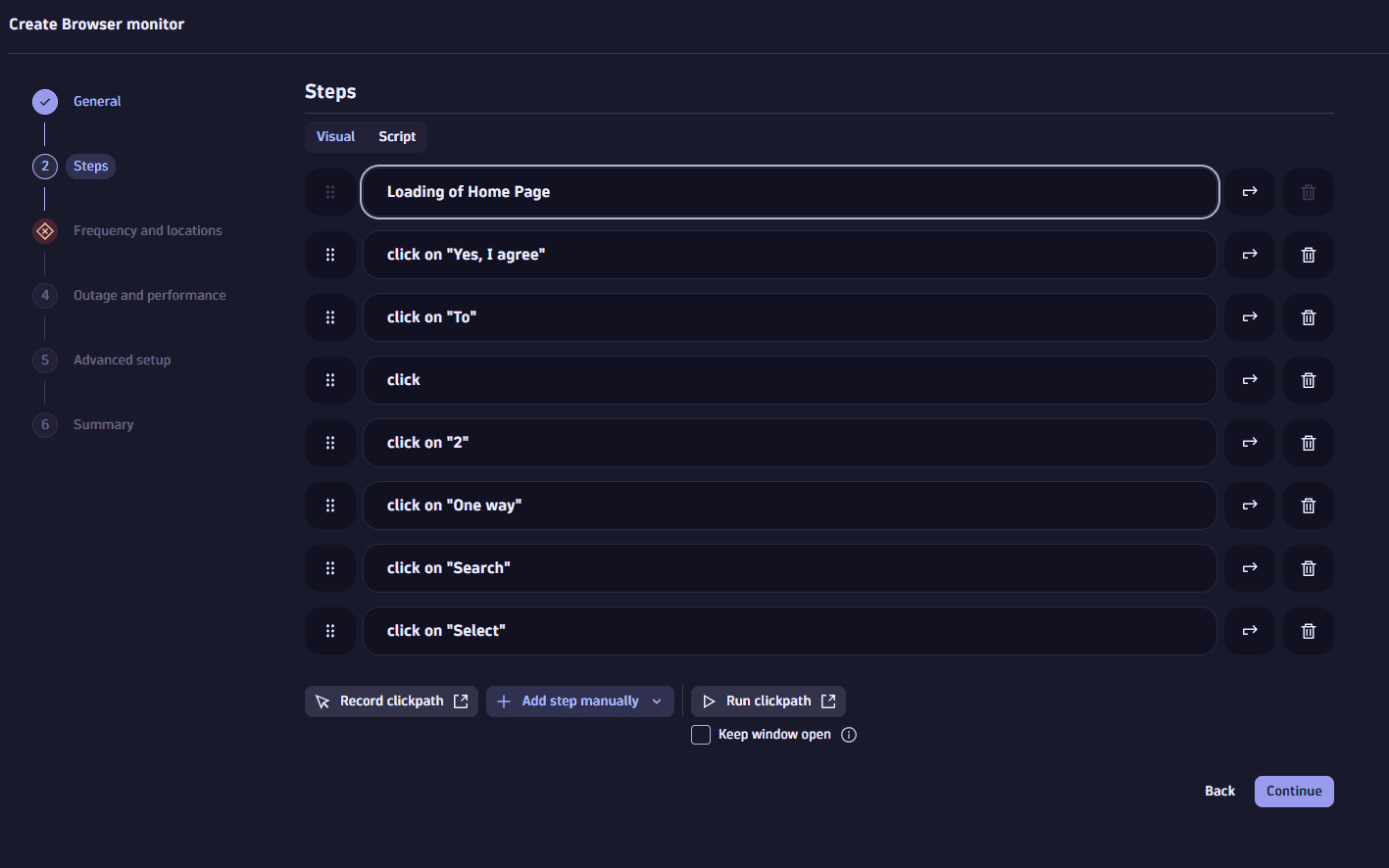 Browser monitor steps