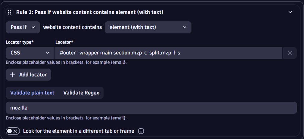 Validate against an element with text