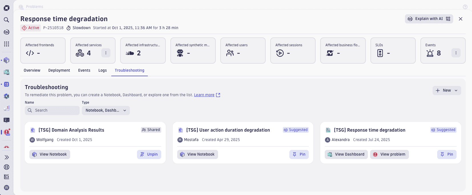 Analysis results of an external AI Agent attached to a Dynatrace Problem