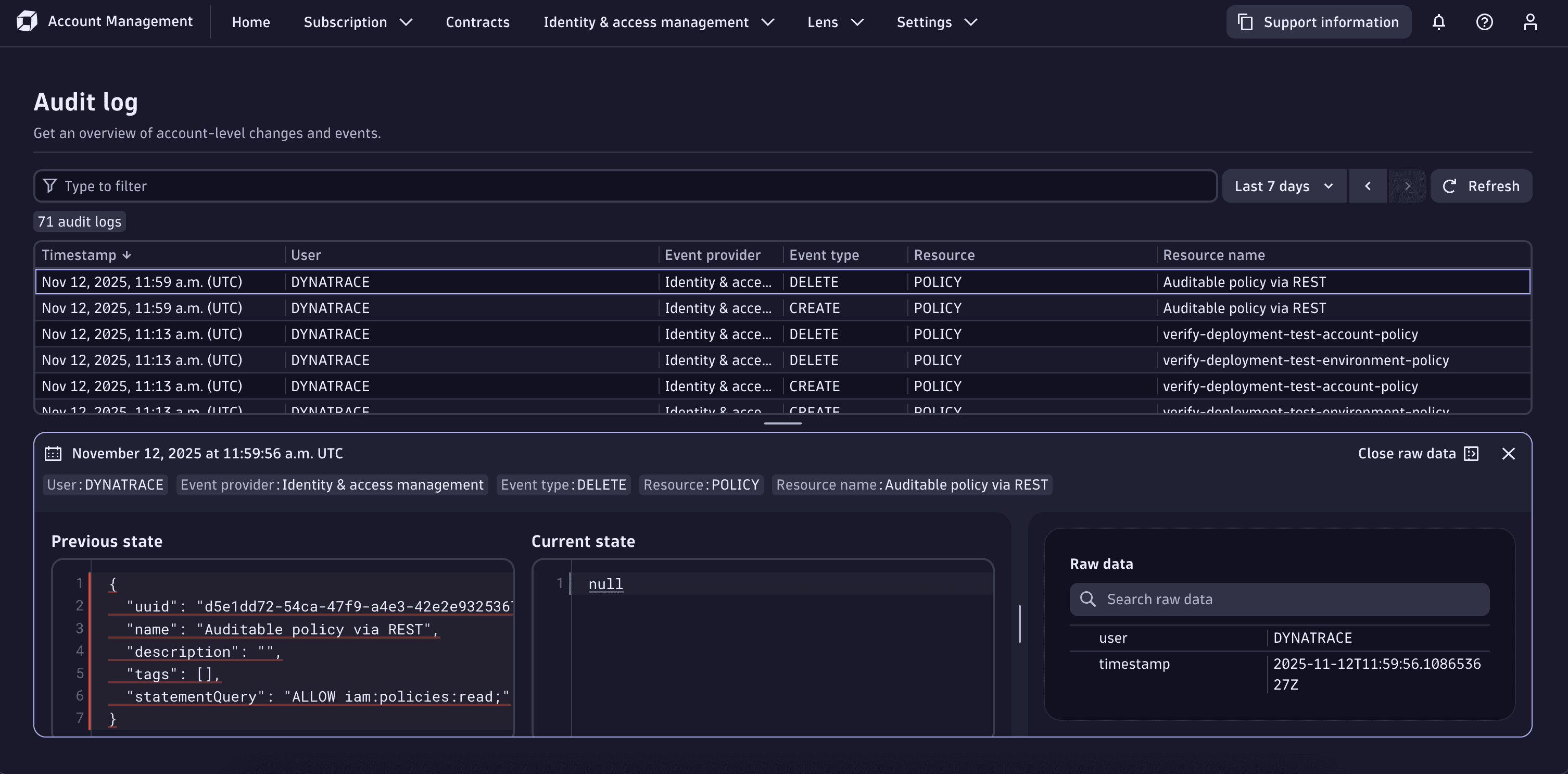 Audit log view in Account Management