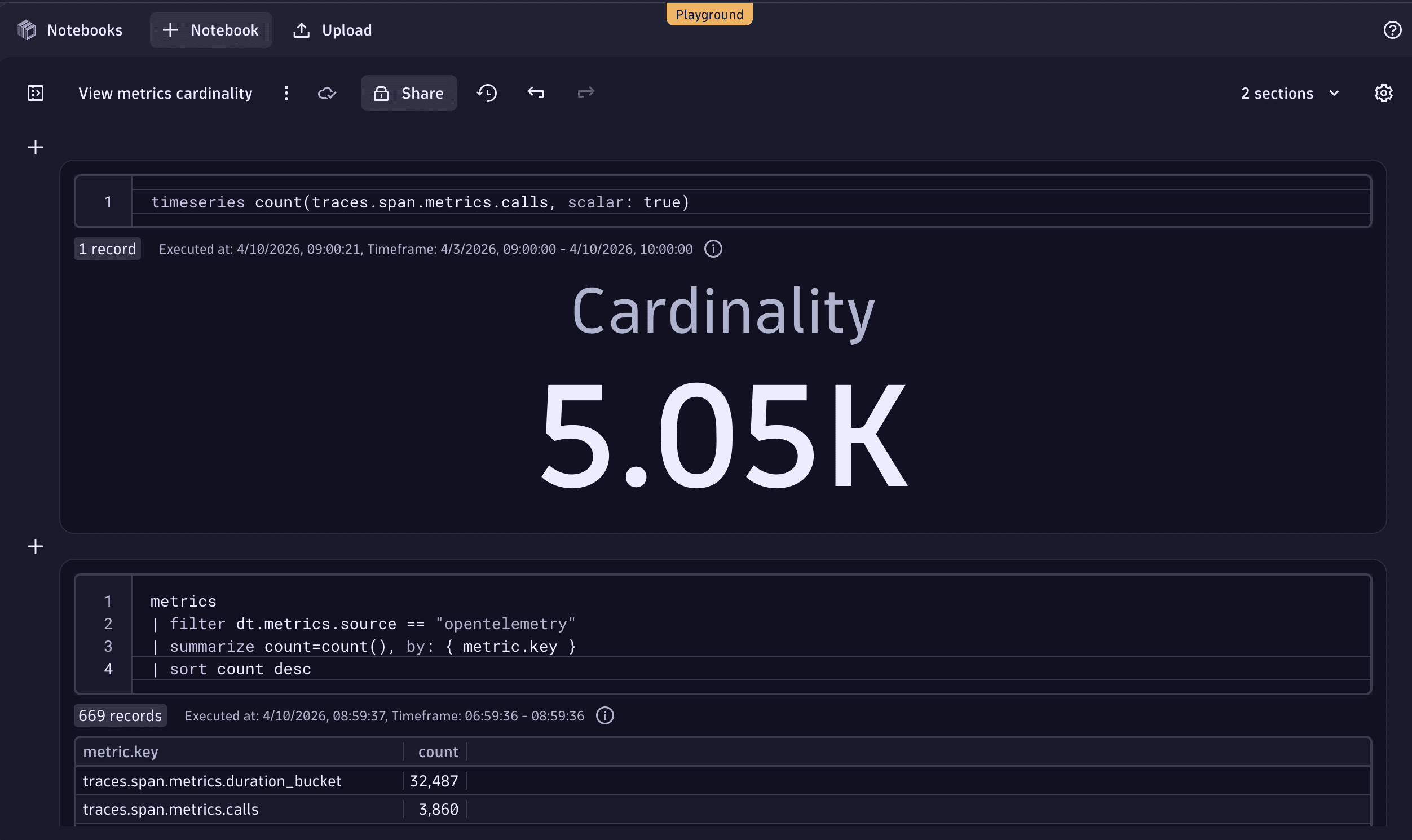 Use the timeseries DQL command to view cardinality for a specific metric